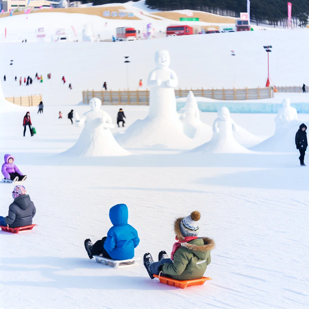 대관령 눈꽃축제 현장, 하얀 설원 위로 다양한 눈 조각이 전시되고 가족 단위 여행객들이 미니 썰매를 타며 즐거워하는 2월의 겨울 풍경