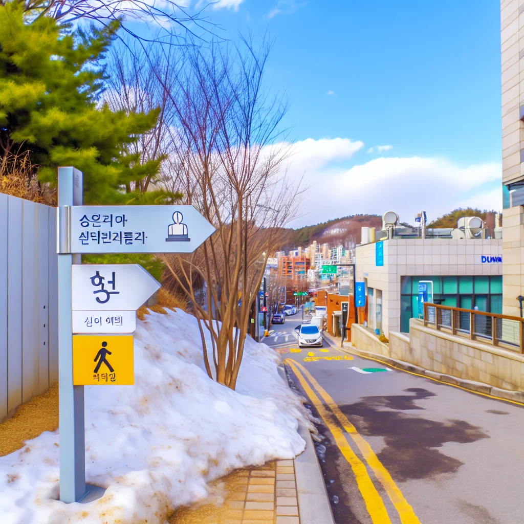 맑은 겨울 하늘 아래, 서울 한남동의 한류 드라마 촬영지와 인근 웰니스 센터, AI 안내 표지판이 설치된 깨끗한 거리 풍경