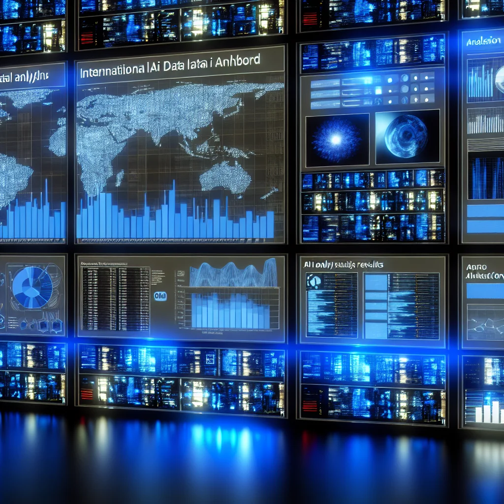 다양한 국가별 데이터 대시보드 화면과 파란색 조명이 비치는 서버랙, AI 분석 결과가 시각화된 그래프