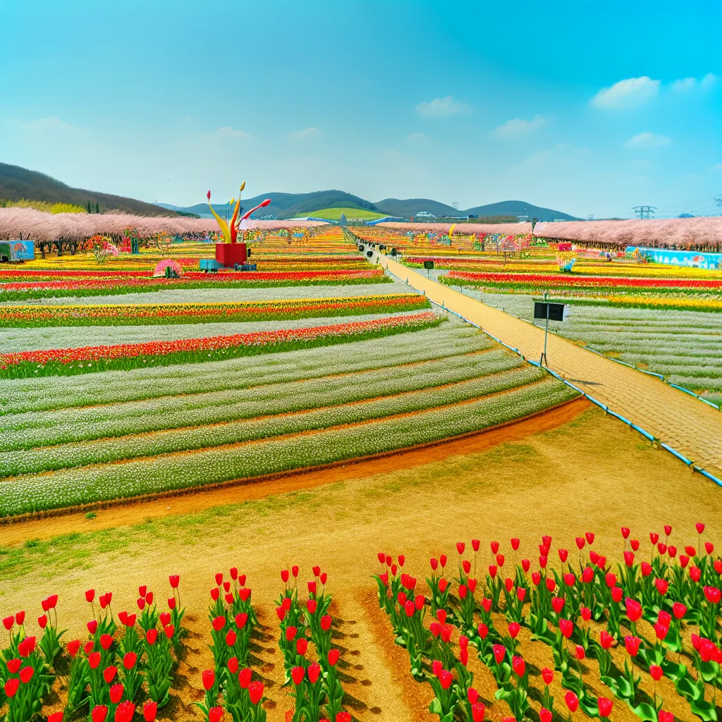 2026 태안 세계튤립꽃박람회 봄꽃 축제 – 넓은 튤립밭과 다양한 봄꽃이 만개한 태안 남면 축제장 전경, 뒤로 푸른 하늘과 화사한 꽃길이 펼쳐진 모습